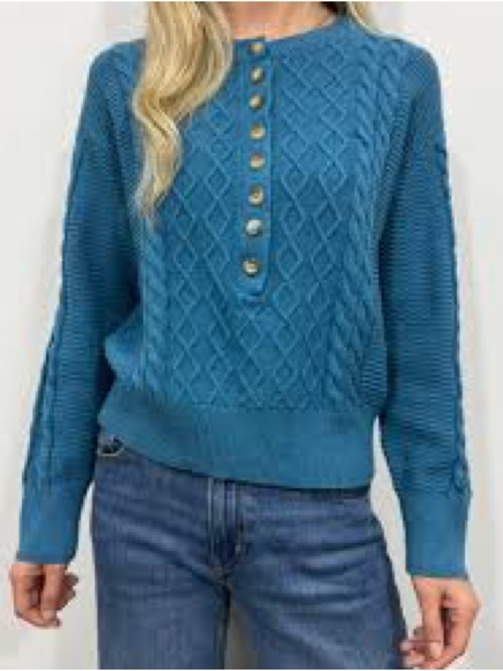 Ann Taylor Weekend Teal Cable Knit Button Henley Sweater XL
